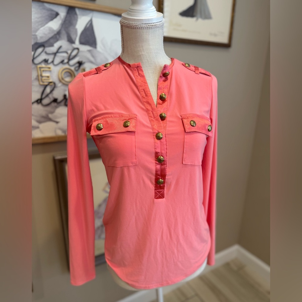 NWT! ELIE TAHARI Pink and Gold Long Sleeve Blouse